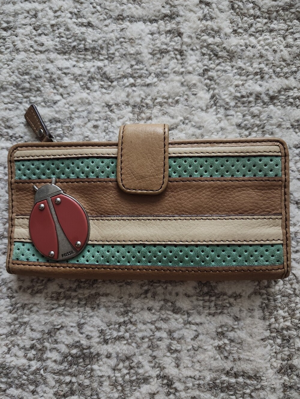 Fossil Tan, Mint & Cream Striped Leather Wallet with Red Ladybug Accent - Picture 1 of 5